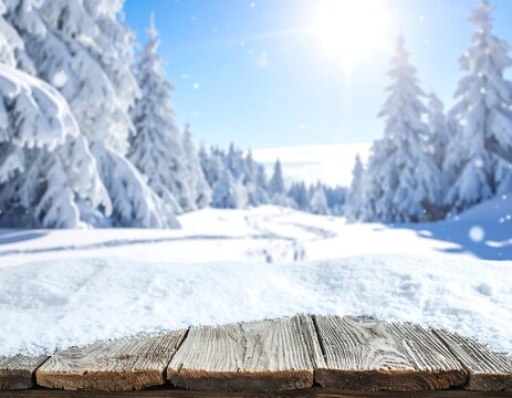 Wooden table foreground, snowy winter forest backdrop with clear, bright sun