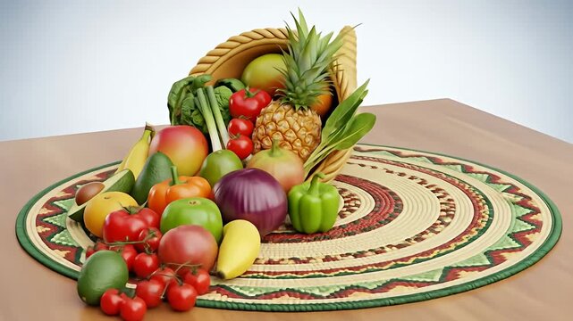 A cornucopia overflowing with a vibrant assortment of fresh fruits and vegetables.
