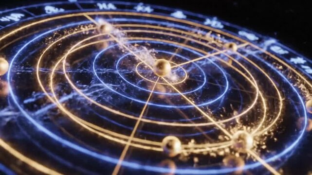 Celestial orrery golden spheres orbit universe