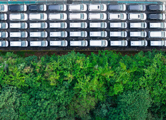 Aerial View New Cars Parking Lot And Green Forest