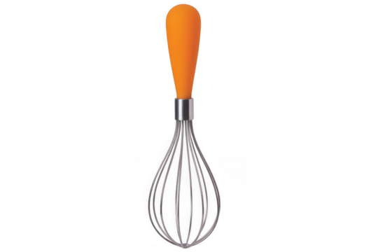 Orange handled metal whisk with clear wires isolated on a transparent background kitchen