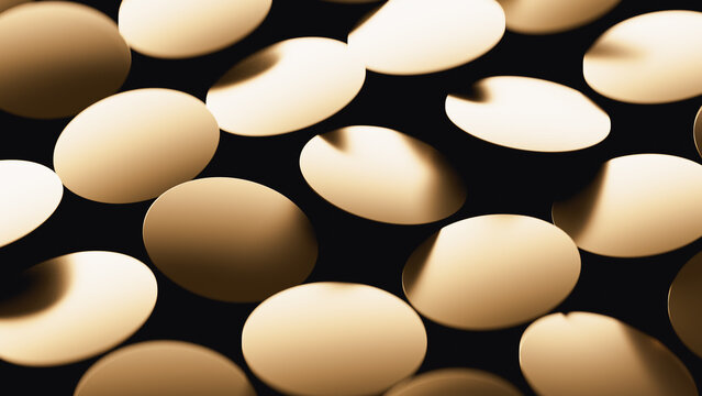 Vibrant circular shapes create a luxury gold abstract 3D background