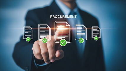 Businessman selecting procurement documents on a virtual screen for efficient business operations
