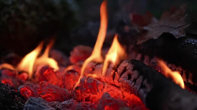 Dynamic dance of small, contained flames, casting warm, flickering light within a natural, unidentifiable setting. Fluid motion and interaction of fire with its immediate environment, emphasizing?