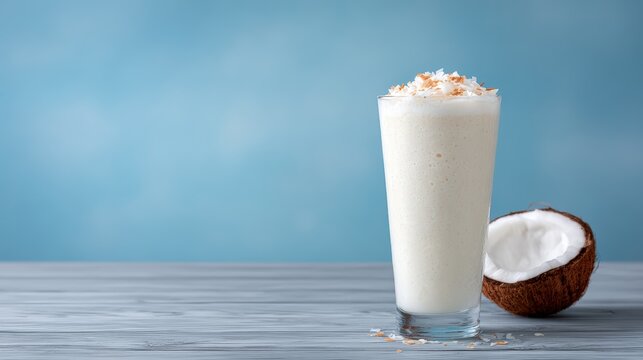 coconut. Refreshing coconut milkshake served in a tall glass, topped with shredded coconut, alongside a halved coconut shell on a wooden table, evoking tropical vibes and summer enjoyment