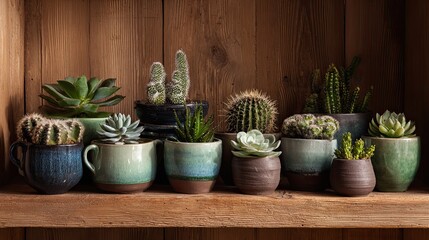 A display of various succulents and cacti in decorative pots arranged on a wooden shelf, showcasing a natural and earthy aesthetic.