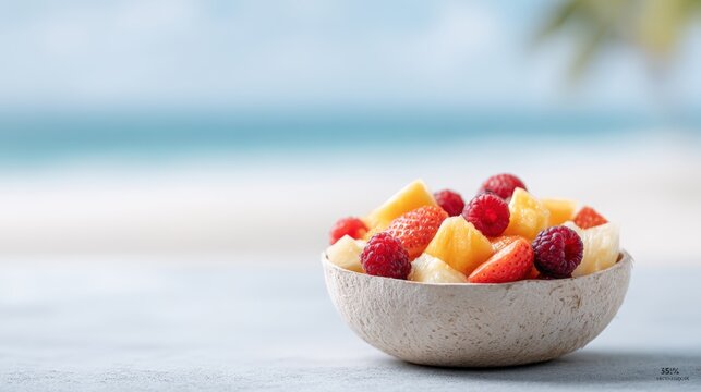 coconut. Fresh coconut bowl filled with vibrant tropical fruits like pineapple, strawberries, and raspberries, set against a serene beach background, evoking a refreshing summer vibe