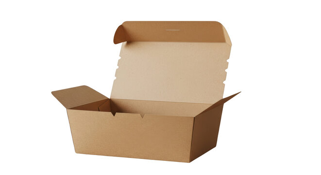 Modern empty open brown cardboard takeaway box isolated on white background still life photo highlighting box, cardboard, packaging ideal for branding or digital marketing content