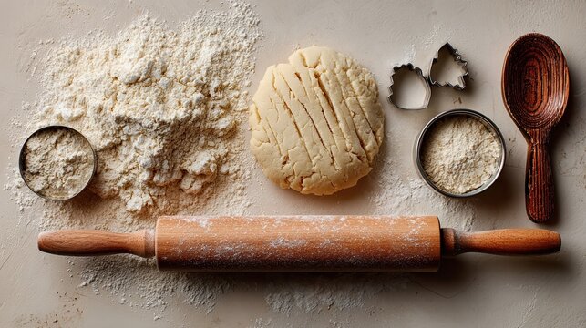A flat lay of baking ingredients including flour, dough, a rolling pin, measuring cups, and cookie cutters, perfect for preparing delicious baked goods.