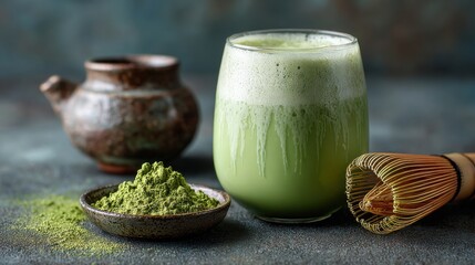 Refreshing matcha green tea milkshake, poured in a clear glass, is presented with whisk and matcha powder, creating a visually appealing and healthy treat.