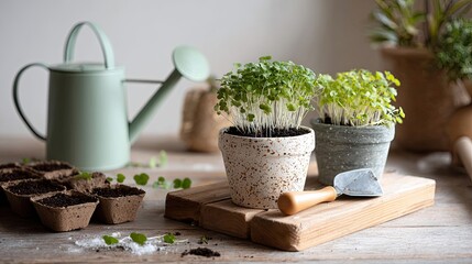 A serene indoor garden scene featuring small potted plants, a watering can, and gardening tools, capturing the essence of nurturing and growth.