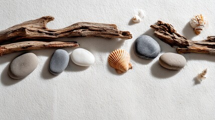 A serene arrangement of pebbles, shells, and driftwood on soft sand, evoking a calm coastal vibe and natural beauty.