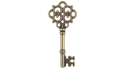 Ornate antique brass skeleton key with decorative bow and bit isolated on a transparent background