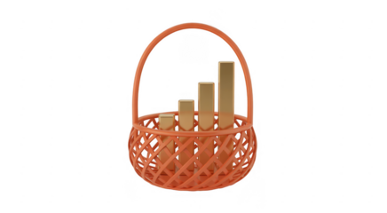 Orange woven basket holding golden bar chart rising graph isolated on a transparent background
