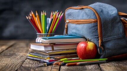 A vibrant school backpack surrounded by colorful pencils, notebooks, and an apple on a rustic wooden surface.