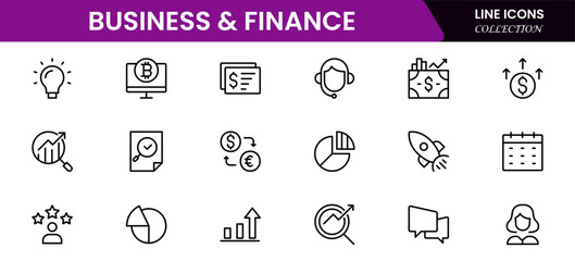 Business and Finance line icons collection. Big UI icon set in a flat design. Thin outline icons pack. Vector illustration