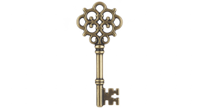 Ornate antique brass skeleton key with decorative bow and bit isolated on a transparent background