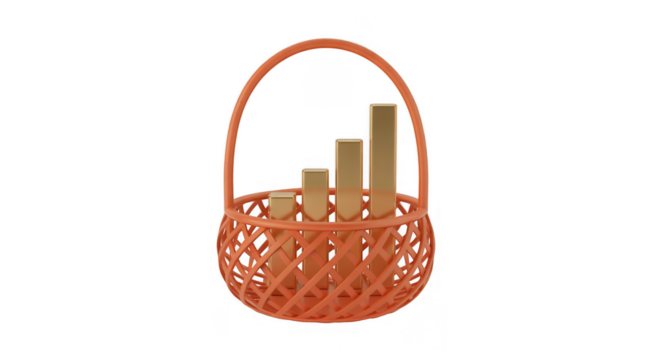 Orange woven basket holding golden bar chart rising graph isolated on a transparent background - Powered by Adobe