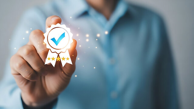 Hand holding approved quality guarantee badge with checkmark and stars