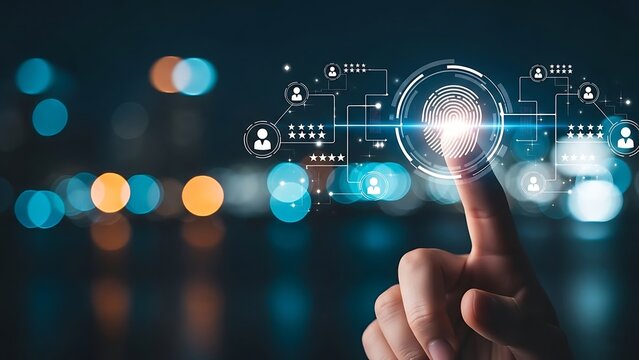 Global Biometric Identification Technology Concept Showing A Hand Activating A Secure Fingerprint Scanner Interface For User Authentication And Customer Experience Management