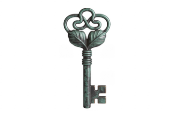 Ornate antique key with green patina and leaf design isolated on a transparent background