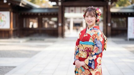 神社で晴れ着の振袖を着て微笑む成人の日の日本人女性
