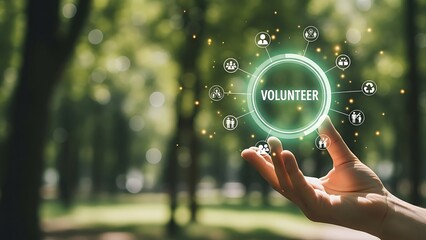 Human Hand Holding A Digital Holographic Display Showcasing The Word Volunteer Surrounded By Circular Icons Representing Social Responsibility Community Service And Environmental Protection