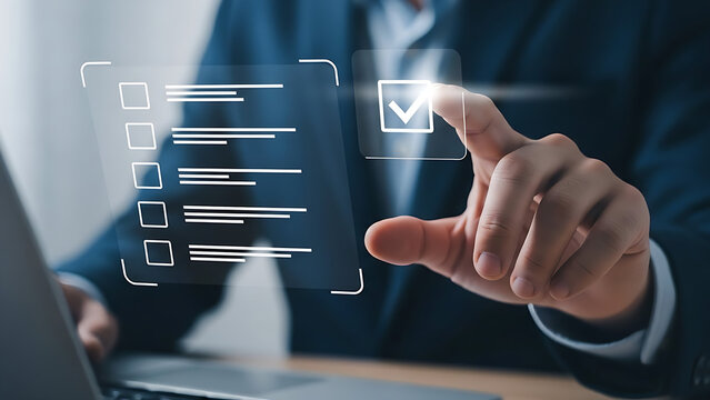 Businessman completing digital checklist with touchscreen technology for task management