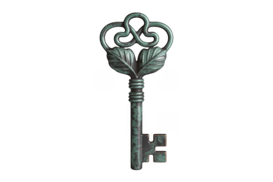 Ornate antique key with green patina and leaf design isolated on a transparent background