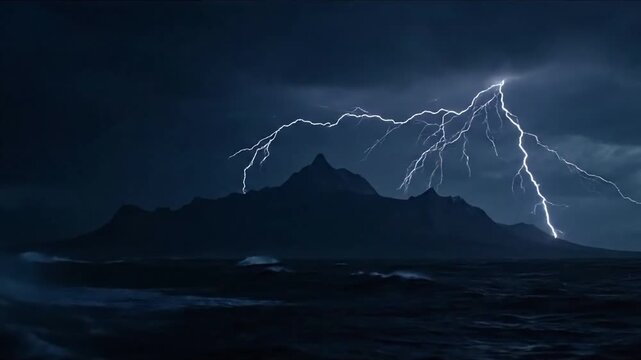 Close up of a powerful, branching lightning bolt striking the ocean's surface, creating a brilliant flash and splash against dark waves. Intimate, detailed view of a lightning impact.