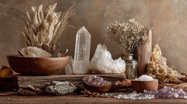 A serene arrangement of crystals, dried flowers, and wooden bowls, creating an earthy and tranquil aesthetic.