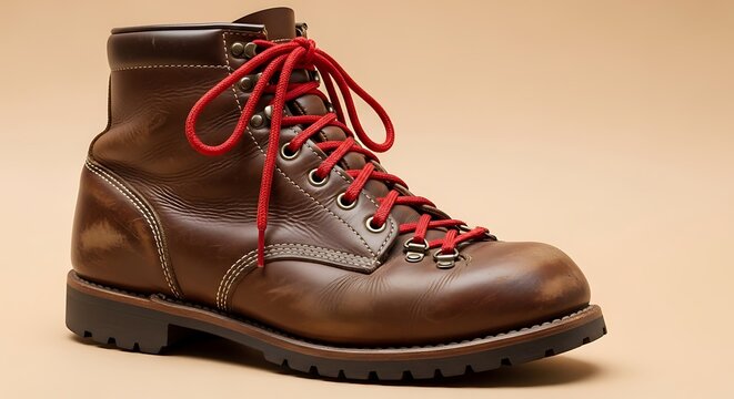 Rugged brown leather hiking boot with vibrant red laces, isolated on a clean background.