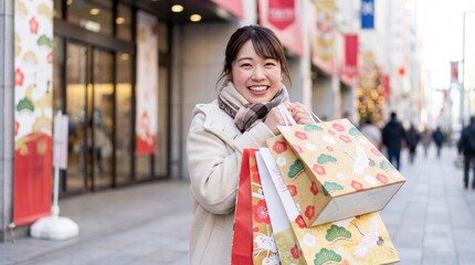 初売りで買った福袋を見せて喜ぶ日本人女性