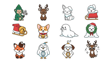 Festive Animal Cartoon Collection: A charming collection of diverse cartoon animals, each embodying a touch of holiday spirit, from reindeer with elegant antlers to a fox donning a festive hat. 
