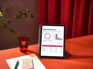 Close-up shot of a tablet displaying a monthly budget planner