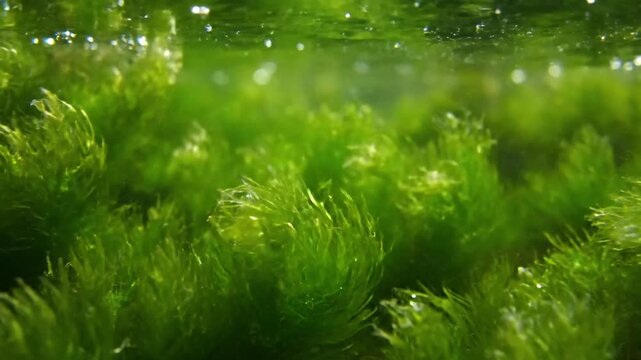 Underwater ecosystem shot: dense mats of various algae species clinging to submerged rocks and driftwood, providing a natural habitat and illustrating aquatic biodiversity.