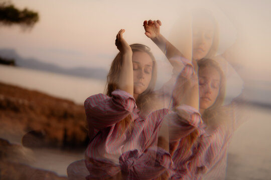 Distorted and abstract portrait of woman at sunset