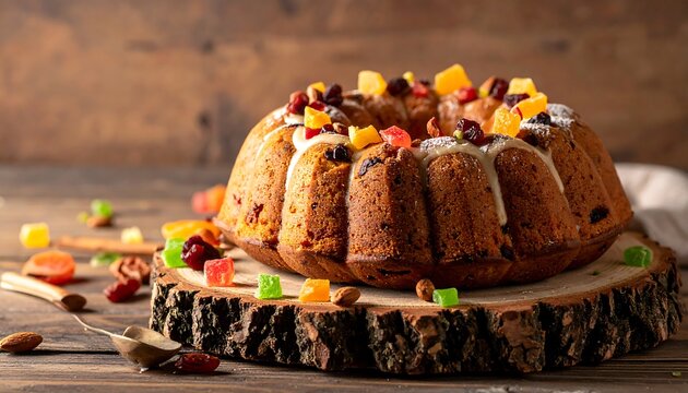 Delicious Bundt Cake with Candied Fruit on Wooden Board.