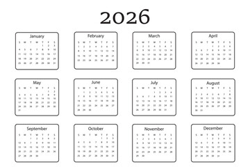 English calendar 2026 with numbers in circles, week starts on Sunday.