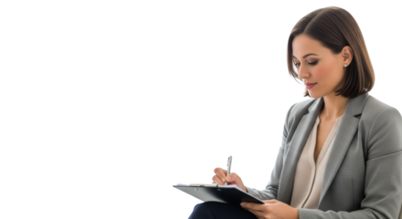 Focused Businesswoman Taking Notes on Clipboard creative composition showing woman, businesswoman, business concept ideal for professional branding and digital marketing visuals