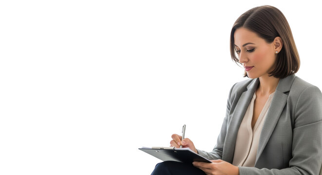 Focused Businesswoman Taking Notes on Clipboard creative composition showing woman, businesswoman, business concept ideal for professional branding and digital marketing visuals