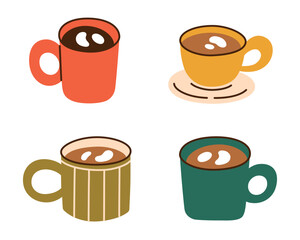 Coffee cup set in flat cartoon vector style with bright doodle designs, warm ceramic mugs, creamy hot drink motifs, cozy mood, aesthetic beverage theme for decorative uses, latte and cappuccino