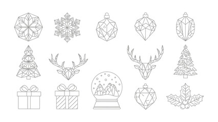 Geometric Christmas Ornaments: A collection of meticulously crafted geometric ornaments, including snowflakes, baubles, Christmas trees, deer antlers, gift boxes, snow globes, and holly.
