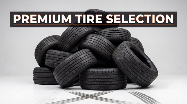 Pile of Black Automobile Tires with Wheel Tracks for Advertising Banner