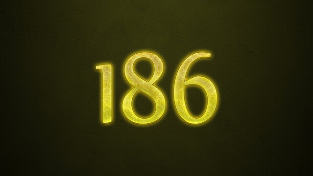 Neon glowing yellow number of 186 on dark background.