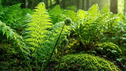 Slow, gentle camera movement through a dense undergrowth of various fern species, highlighting biodiversity and lush, damp foliage. eye level tracking