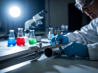 Focused scientist in protective gear working with metallic lab equipment and colorful chemical solutions in a modern research laboratory.