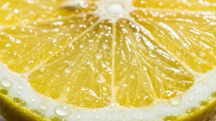 Closeup of a fresh lemon half with water droplets, vibrant and juicy
