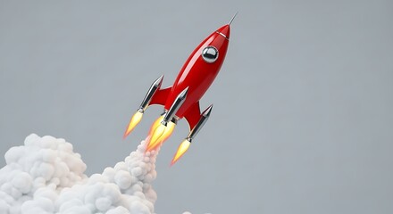 Red retro rocket launching with fiery engines and white smoke trail against a clean gray background.