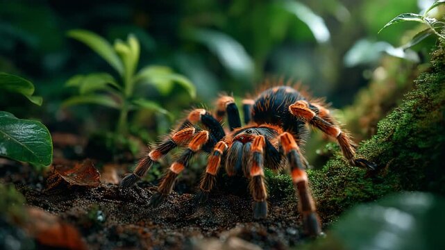 A striking tarantula with vibrant orange and black markings crawls across the damp forest floor, surrounded by lush green foliage.